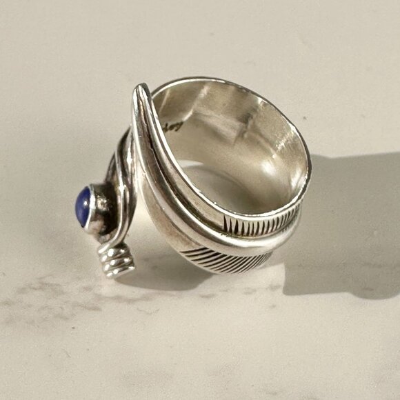 Native American Navajo Sterling Silver & Lapis Wrap Around Feather Ring Signed C - Picture 8 of 9